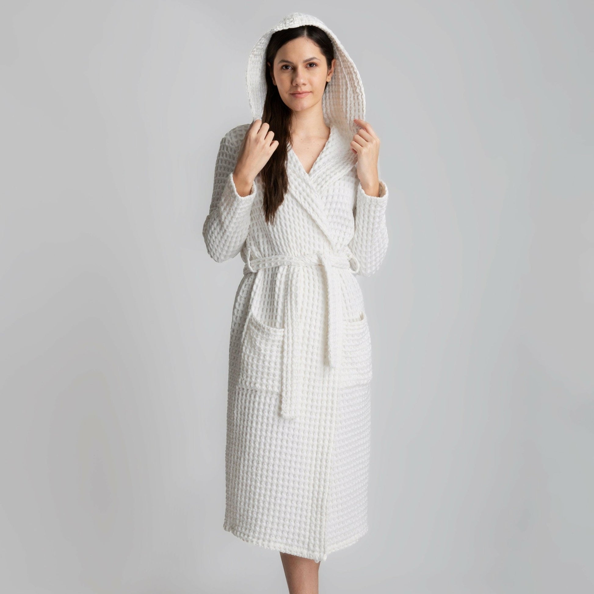 Full Sleeve Cotton Waffle Bathrobe with Hood - Bella Babe by SK