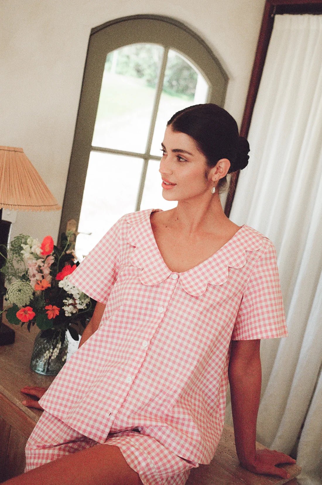 Gingham Cotton Pyjama Set for Women | Scallop Peter Pan Collar Co-ord | Half Sleeve Shirt & Shorts | Soft Cotton Sleepwear - Bella Babe by SK