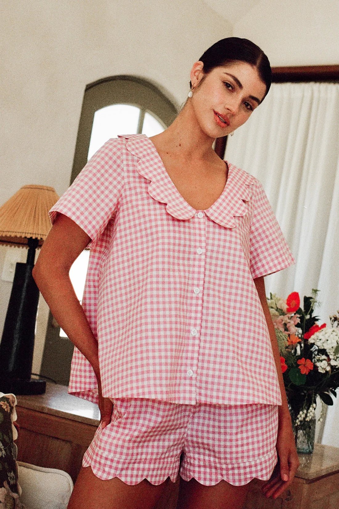 Gingham Cotton Pyjama Set for Women | Scallop Peter Pan Collar Co-ord | Half Sleeve Shirt & Shorts | Soft Cotton Sleepwear - Bella Babe by SK