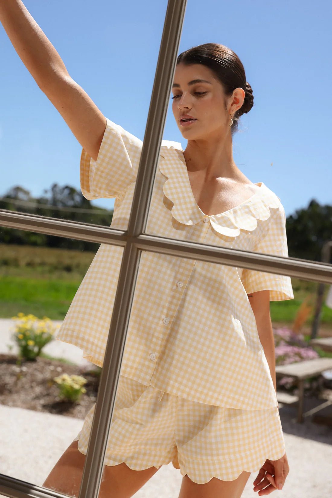 Gingham Cotton Pyjama Set for Women | Scallop Peter Pan Collar Co-ord | Half Sleeve Shirt & Shorts | Soft Cotton Sleepwear - Bella Babe by SK