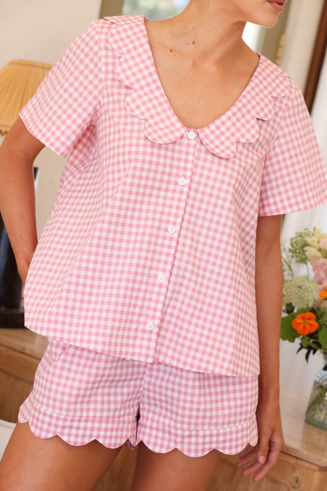 Gingham Cotton Pyjama Set for Women | Scallop Peter Pan Collar Co-ord | Half Sleeve Shirt & Shorts | Soft Cotton Sleepwear - Bella Babe by SK