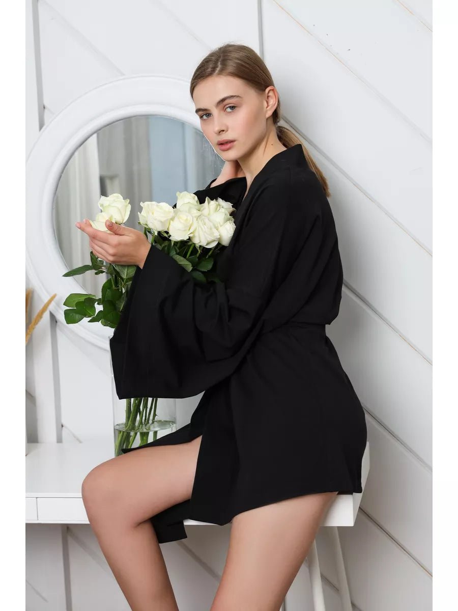 Hot Girl Mini Robe in Black 100% Cotton - Bella Babe by SK