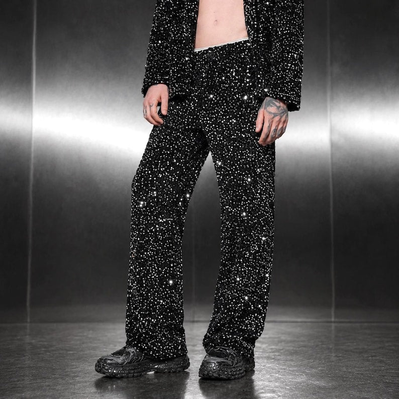 Stardust Sequin Suit Set, Unisex Blazer & Wide Leg Trousers