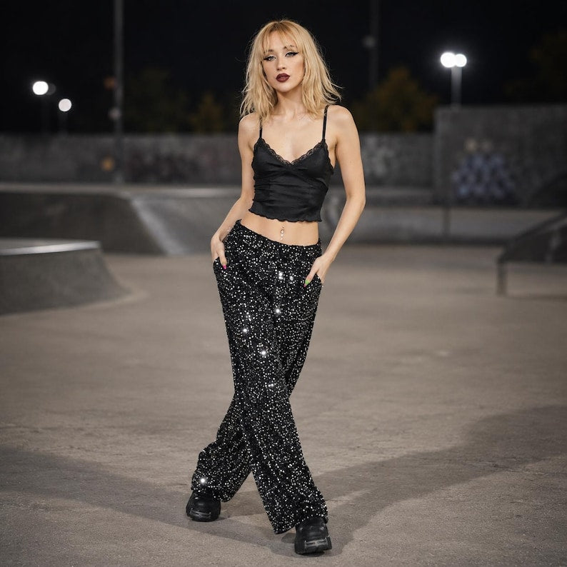 Stardust Sequin Suit Set, Unisex Blazer & Wide Leg Trousers