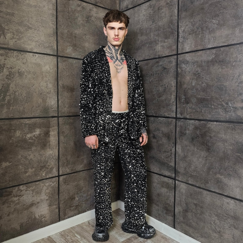 Stardust Sequin Suit Set, Unisex Blazer & Wide Leg Trousers