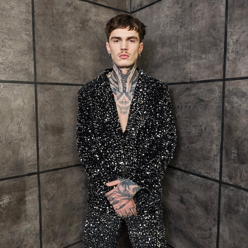 Stardust Sequin Suit Set, Unisex Blazer & Wide Leg Trousers