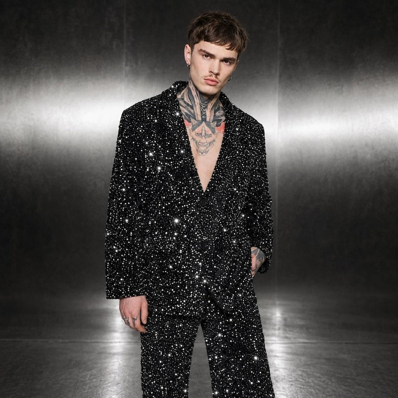 Stardust Sequin Suit Set, Unisex Blazer & Wide Leg Trousers
