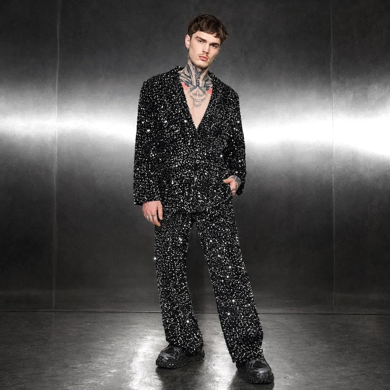 Stardust Sequin Suit Set, Unisex Blazer & Wide Leg Trousers