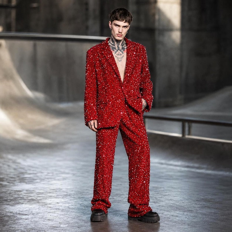 Stardust Sequin Suit Set, Unisex Blazer & Wide Leg Trousers