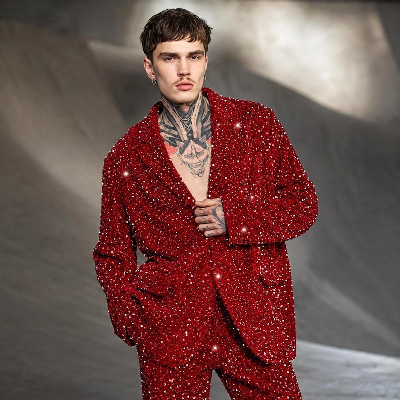 Stardust Sequin Suit Set, Unisex Blazer & Wide Leg Trousers