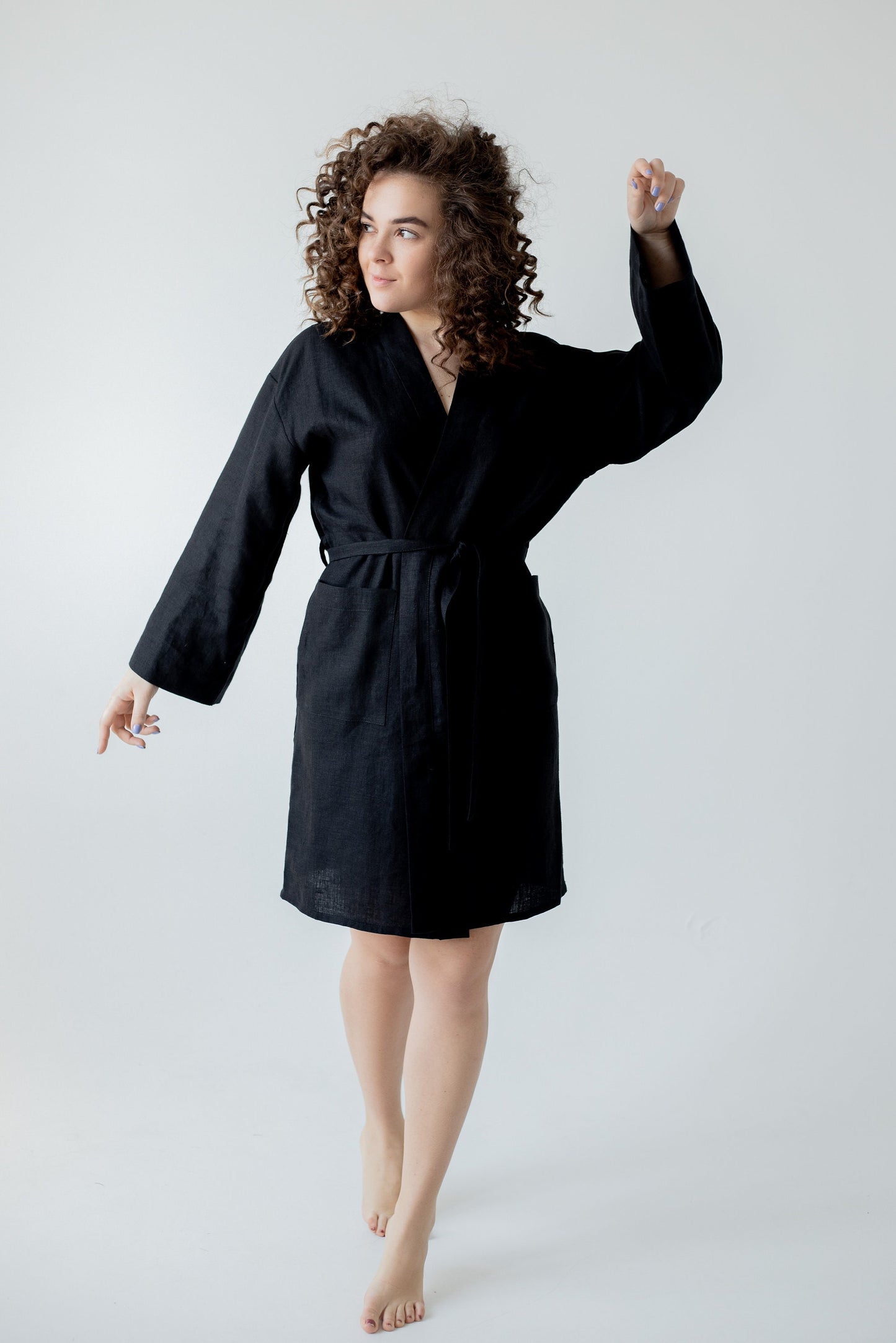 Linen Short Robe in Black - Bella Babe by SK Nightsuit-Nightdress-Robes-Silk-Satin-Nighty-Gown-Nightwear-Shorts-Pajamas-Nightsuit-for-women-men-bathrobe-Satin-dress-cotton- 