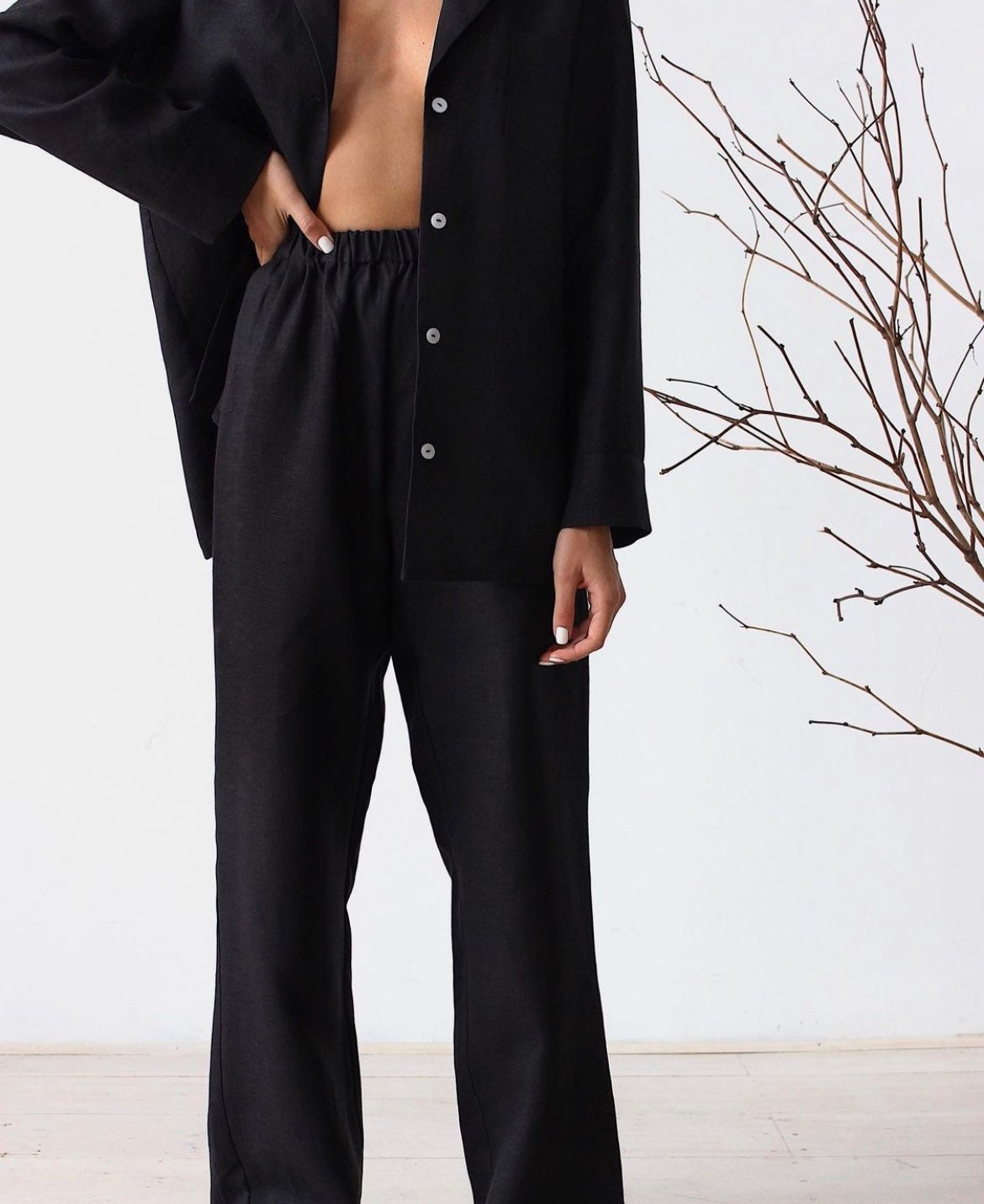 Relaxed Shirt and Pajama Set with belt in Black Linen