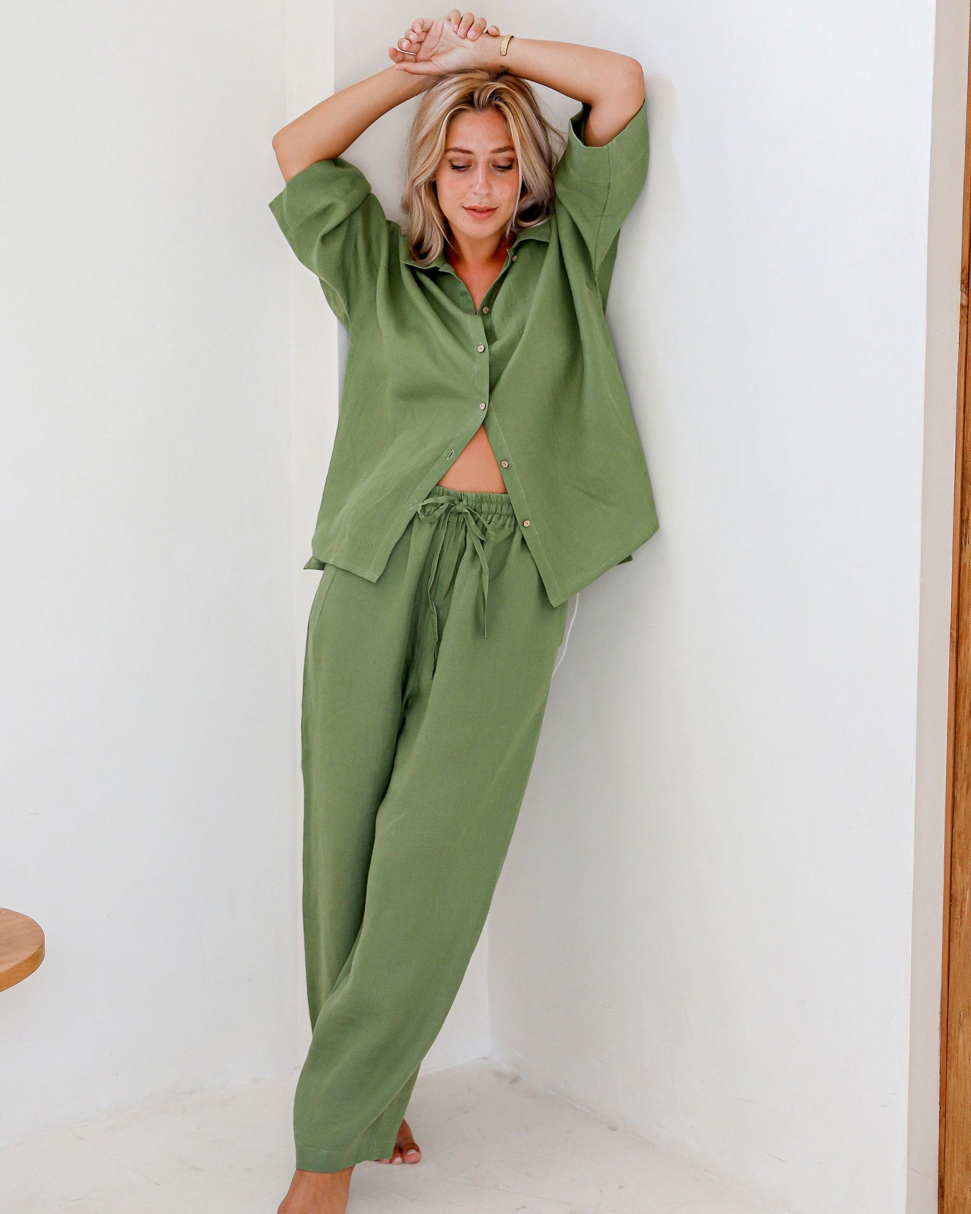 Couple Loungewear in Sage Green Linen - Bella Babe by SK Nightsuit-Nightdress-Robes-Silk-Satin-Nighty-Gown-Nightwear-Shorts-Pajamas-Nightsuit-for-women-men-bathrobe-Satin-dress-cotton- 