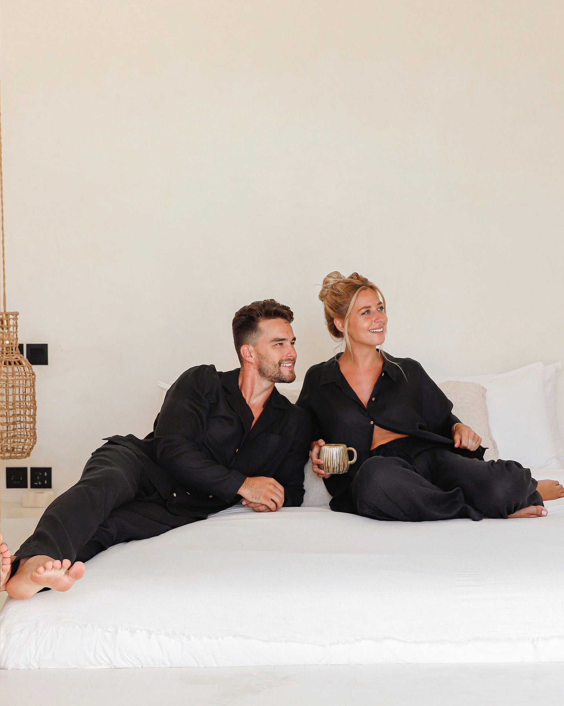 Couple Loungewear in Black Linen - Bella Babe by SK Nightsuit-Nightdress-Robes-Silk-Satin-Nighty-Gown-Nightwear-Shorts-Pajamas-Nightsuit-for-women-men-bathrobe-Satin-dress-cotton- 