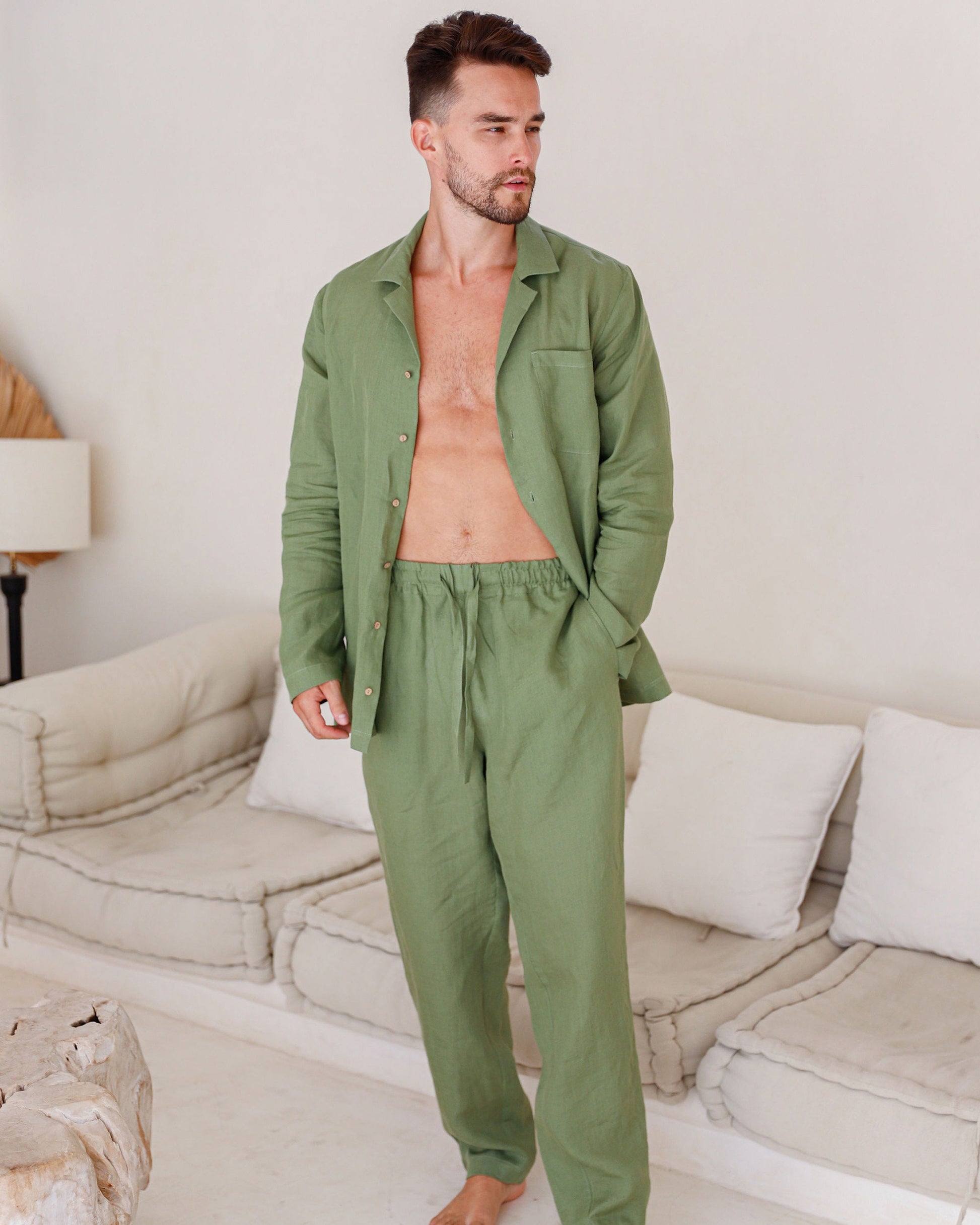 Couple Loungewear in Sage Green Linen - Bella Babe by SK Nightsuit-Nightdress-Robes-Silk-Satin-Nighty-Gown-Nightwear-Shorts-Pajamas-Nightsuit-for-women-men-bathrobe-Satin-dress-cotton- 