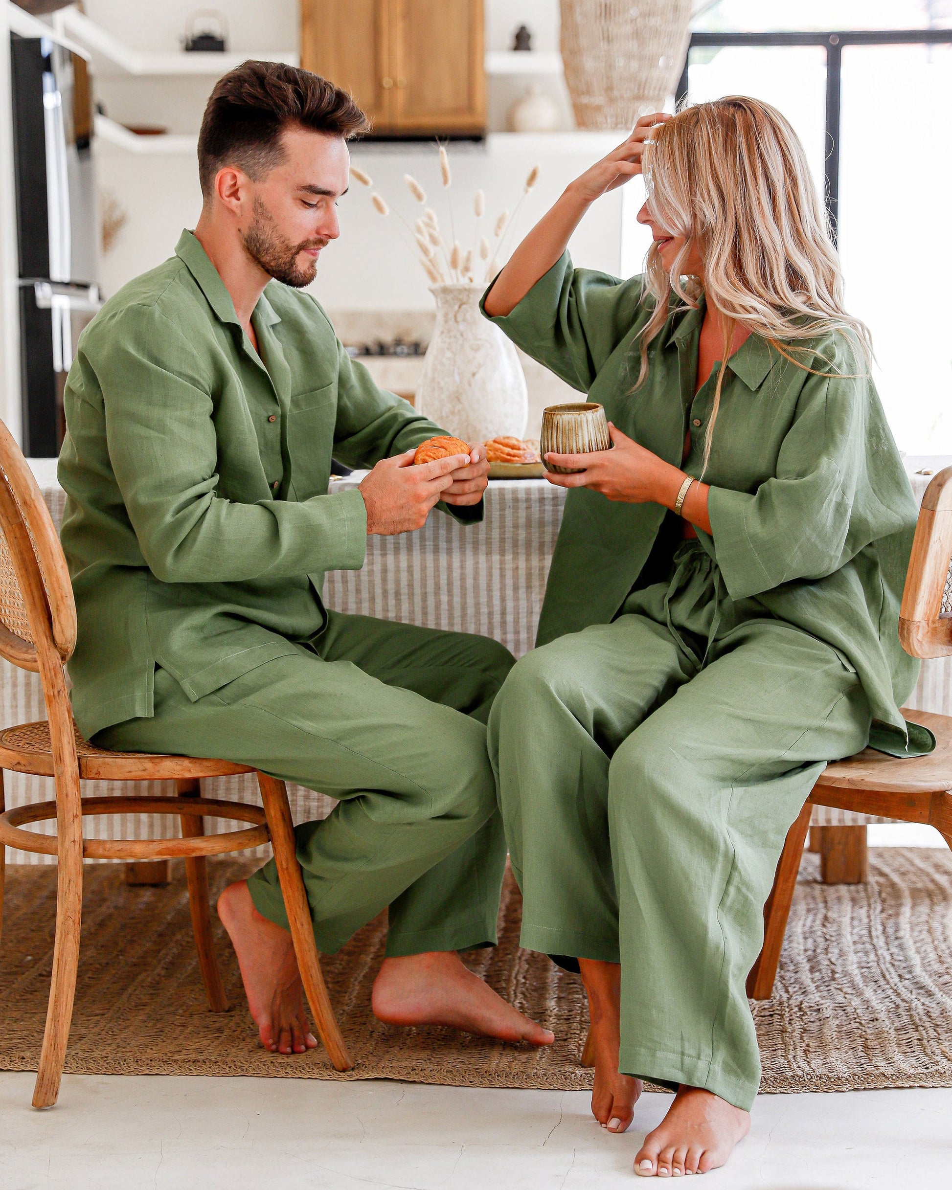 Couple Loungewear in Sage Green Linen - Bella Babe by SK Nightsuit-Nightdress-Robes-Silk-Satin-Nighty-Gown-Nightwear-Shorts-Pajamas-Nightsuit-for-women-men-bathrobe-Satin-dress-cotton- 