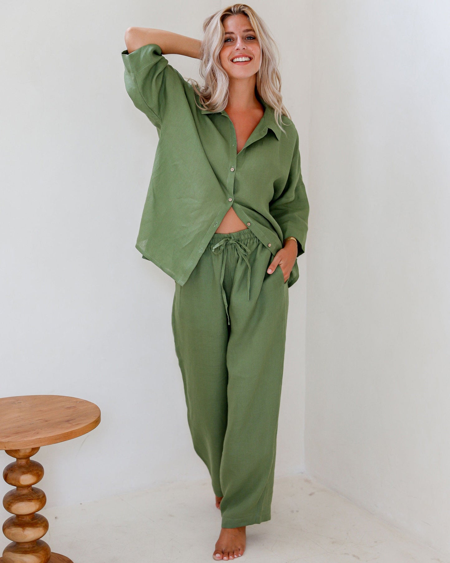 Couple Loungewear in Sage Green Linen - Bella Babe by SK Nightsuit-Nightdress-Robes-Silk-Satin-Nighty-Gown-Nightwear-Shorts-Pajamas-Nightsuit-for-women-men-bathrobe-Satin-dress-cotton- 