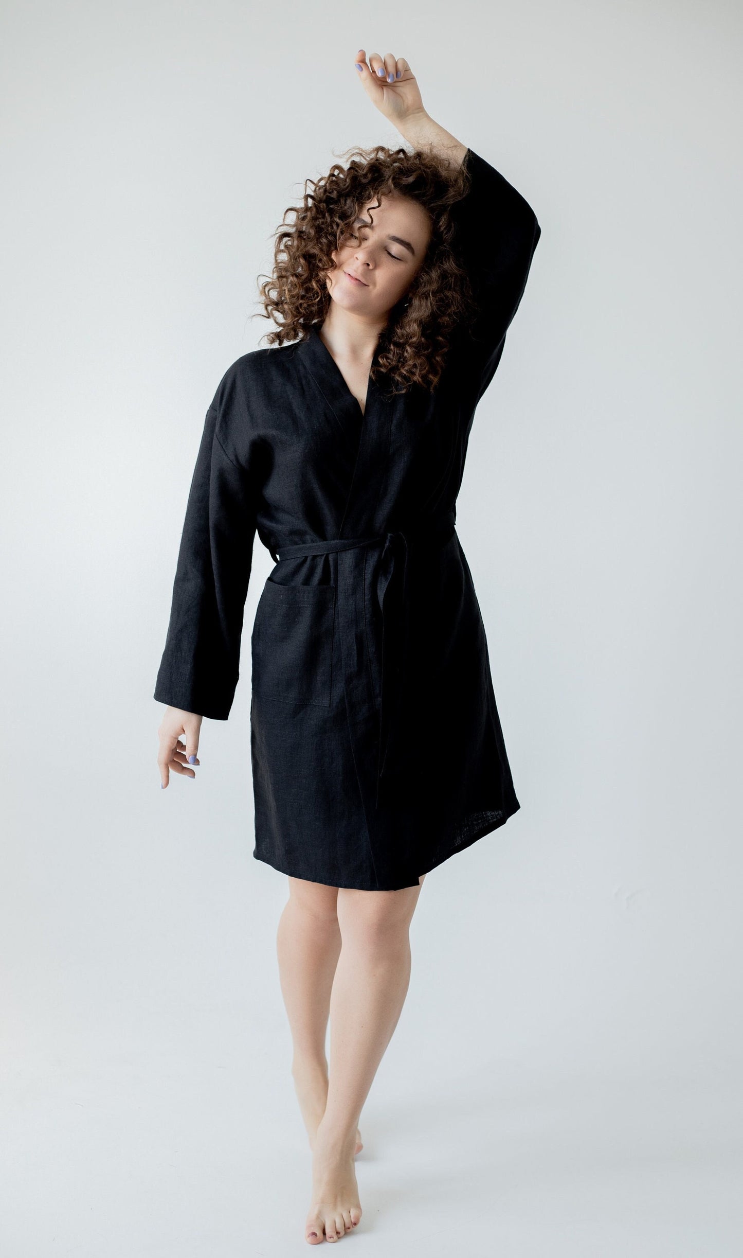 Linen Short Robe in Black - Bella Babe by SK Nightsuit-Nightdress-Robes-Silk-Satin-Nighty-Gown-Nightwear-Shorts-Pajamas-Nightsuit-for-women-men-bathrobe-Satin-dress-cotton- 