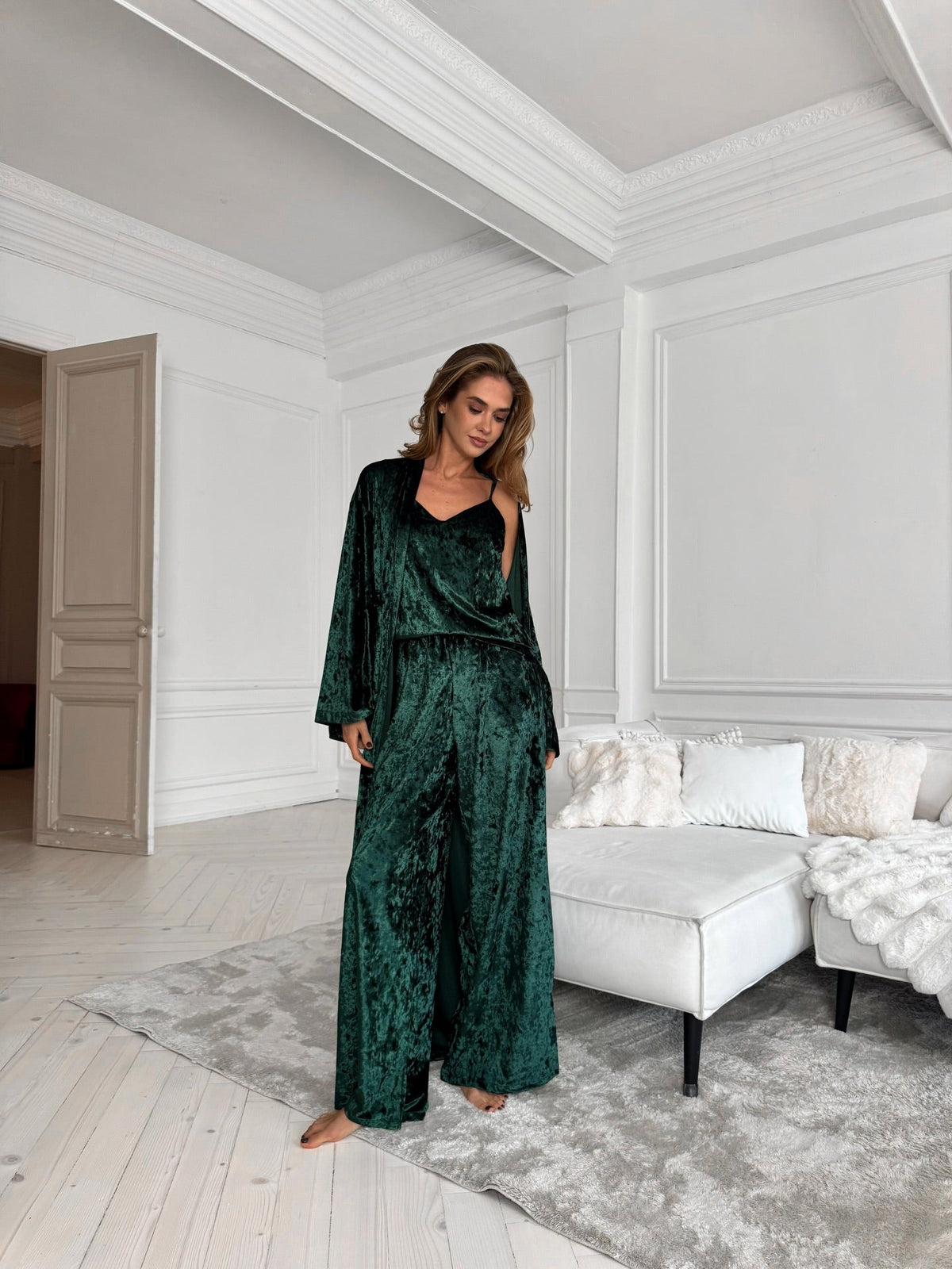Italian Velvet 3 Piece Night Suit Set: Camisole, Pants & Robe - Bella Babe by SK