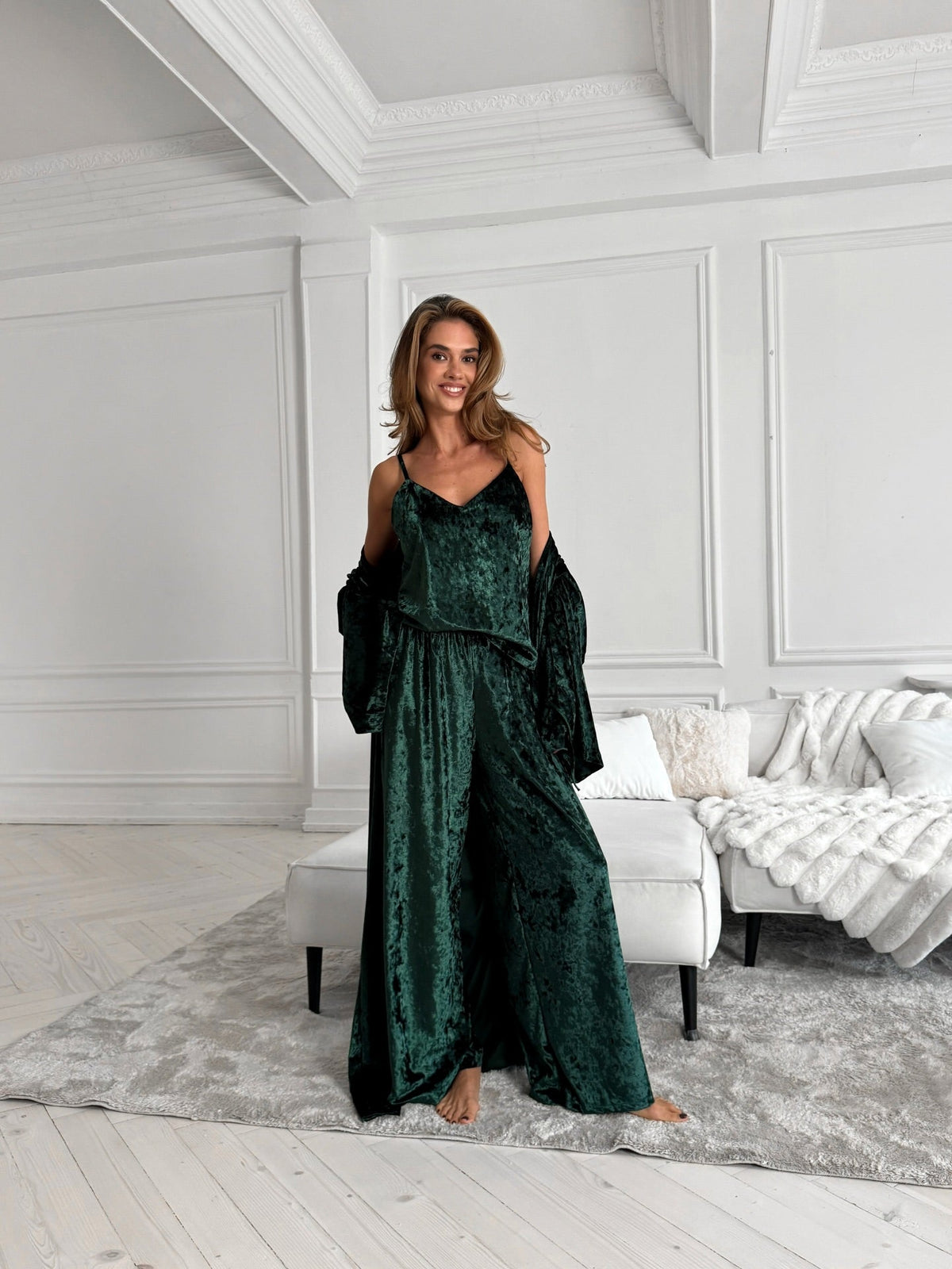Italian Velvet 3 Piece Night Suit Set: Camisole, Pants & Robe - Bella Babe by SK