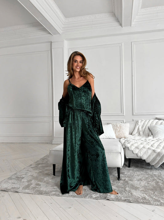Italian Velvet 3 Piece Night Suit Set: Camisole, Pants & Robe - Bella Babe by SK