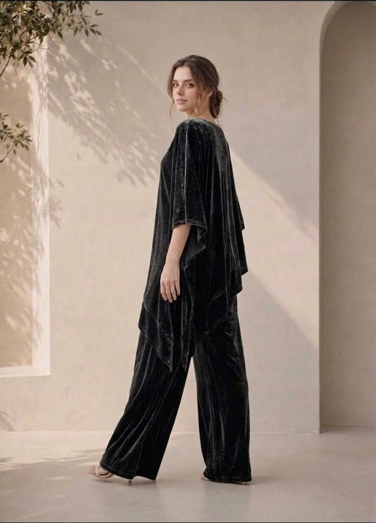 Italian Velvet Co-ord Set for Women: Asymmetric Top & Wide Leg Pants - Bella Babe by SK