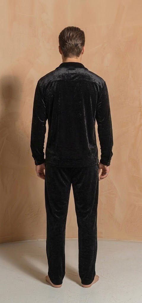 Italian Velvet Shirt & Trousers Co-ord Set for Men, Stretch Party Wear, Black - Bella Babe by SK