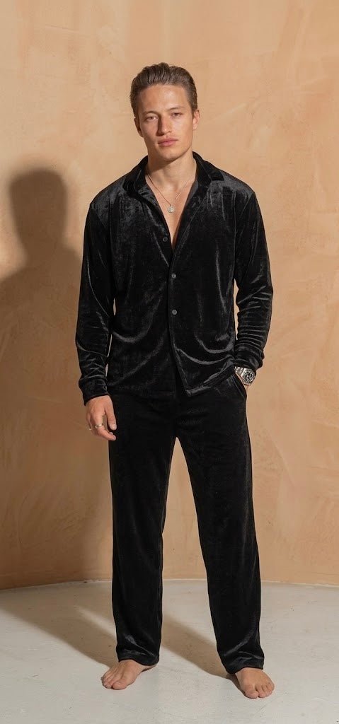 Italian Velvet Shirt & Trousers Co-ord Set for Men, Stretch Party Wear, Black - Bella Babe by SK