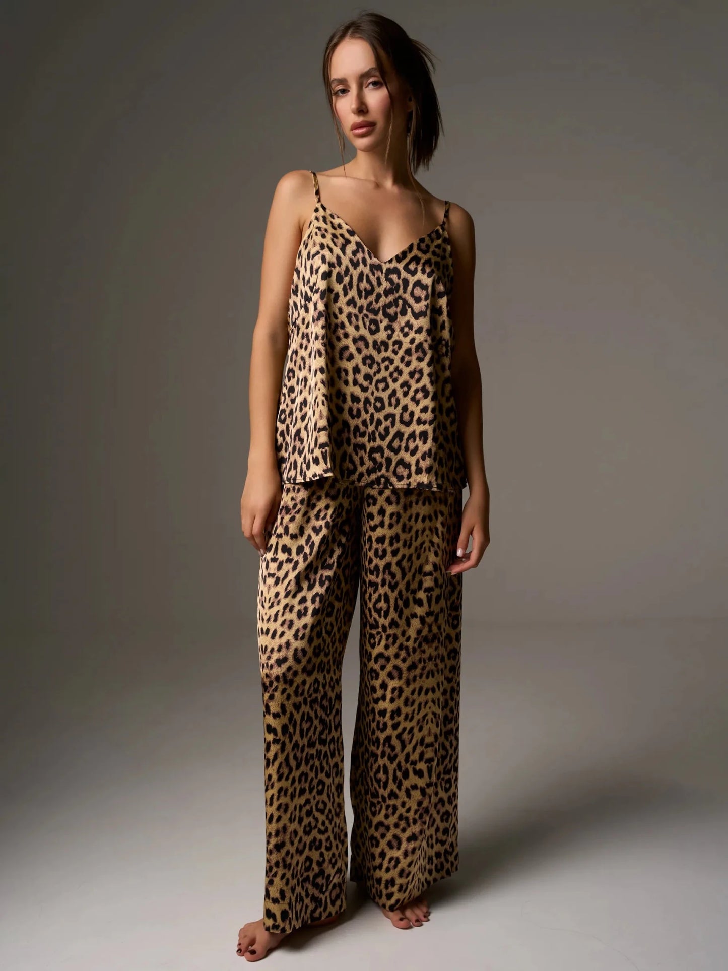Leopard Print Satin Camisole & Wide Leg Pants Set | Tie-Front Wrap Top Co-ord | Sexy Satin Lounge Set for Women - Bella Babe by SK
