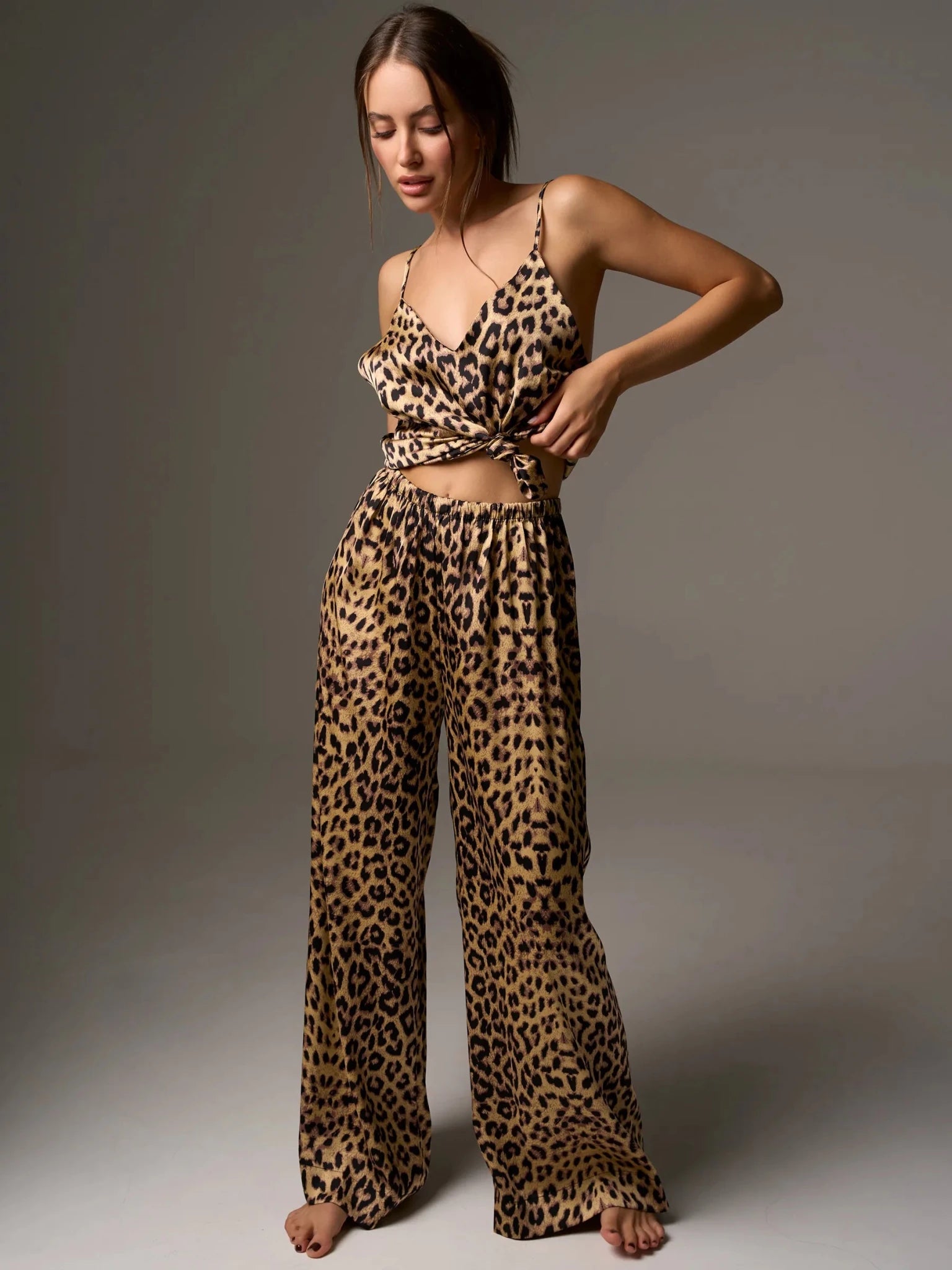 Leopard Print Satin Camisole & Wide Leg Pants Set | Tie-Front Wrap Top Co-ord | Sexy Satin Lounge Set for Women - Bella Babe by SK