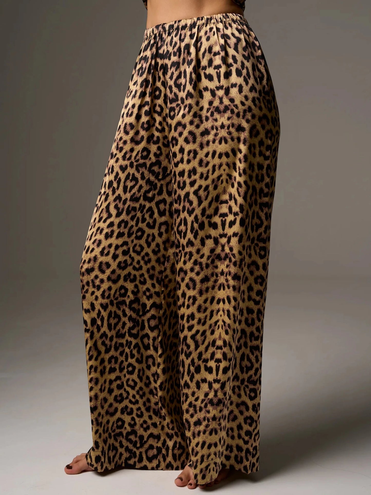 Leopard Print Satin Camisole & Wide Leg Pants Set | Tie-Front Wrap Top Co-ord | Sexy Satin Lounge Set for Women - Bella Babe by SK