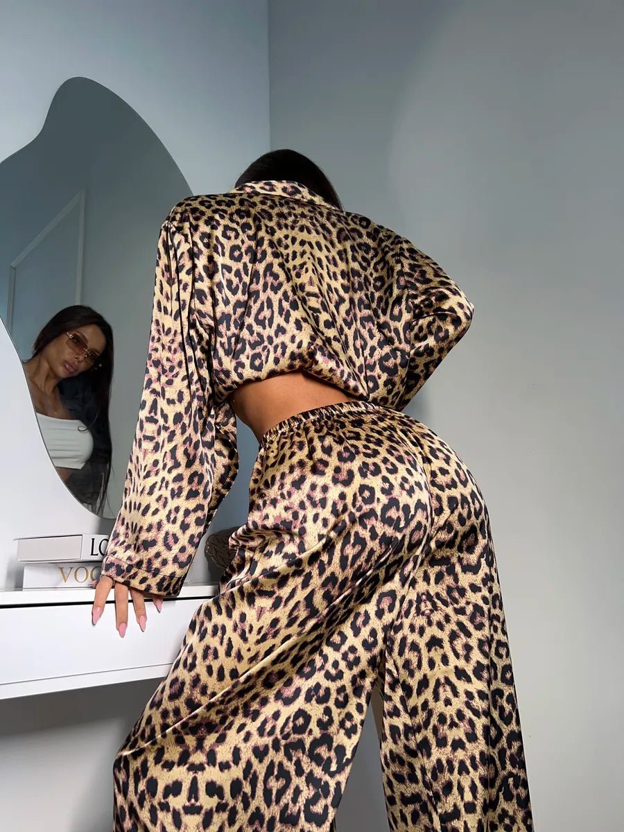 Leopard Print Satin Co-ord Set | Oversized Shirt & Relaxed Wide Leg Pants | Trendy Animal Print Loungewear for Women - Bella Babe by SK