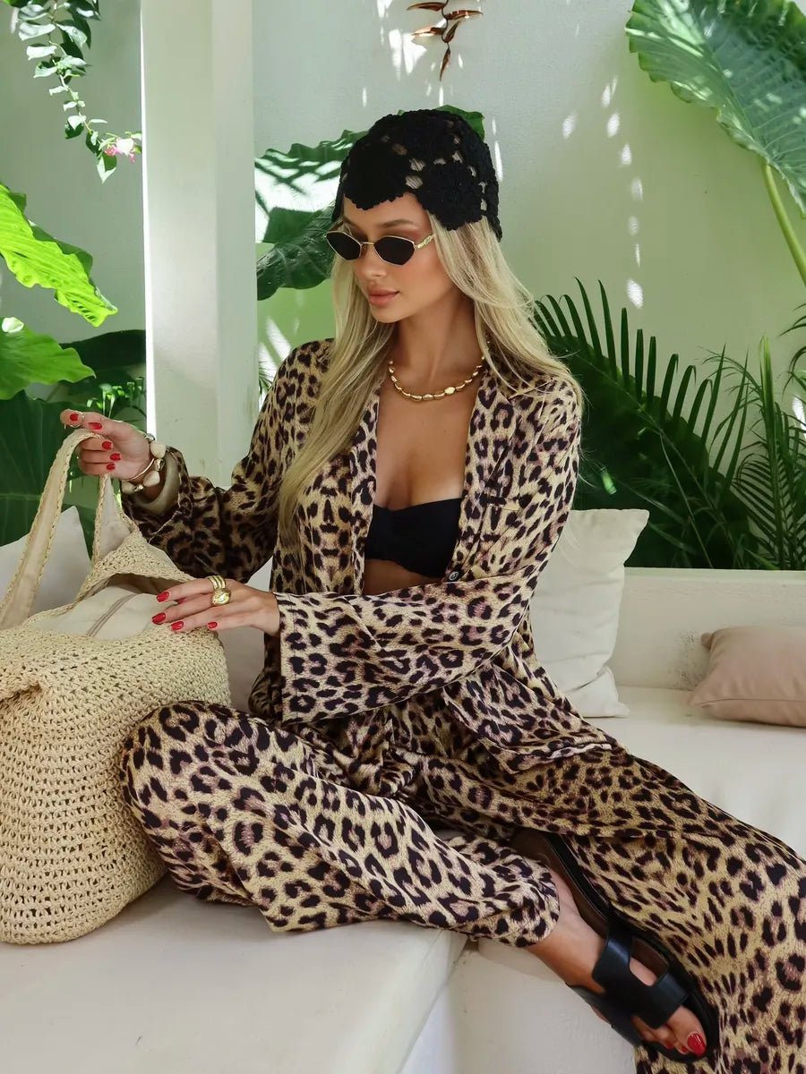 Leopard Print Satin Co-ord Set | Oversized Shirt & Relaxed Wide Leg Pants | Trendy Animal Print Loungewear for Women - Bella Babe by SK