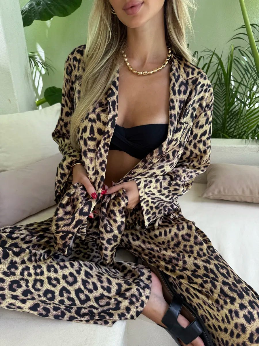 Leopard Print Satin Co-ord Set | Oversized Shirt & Relaxed Wide Leg Pants | Trendy Animal Print Loungewear for Women - Bella Babe by SK
