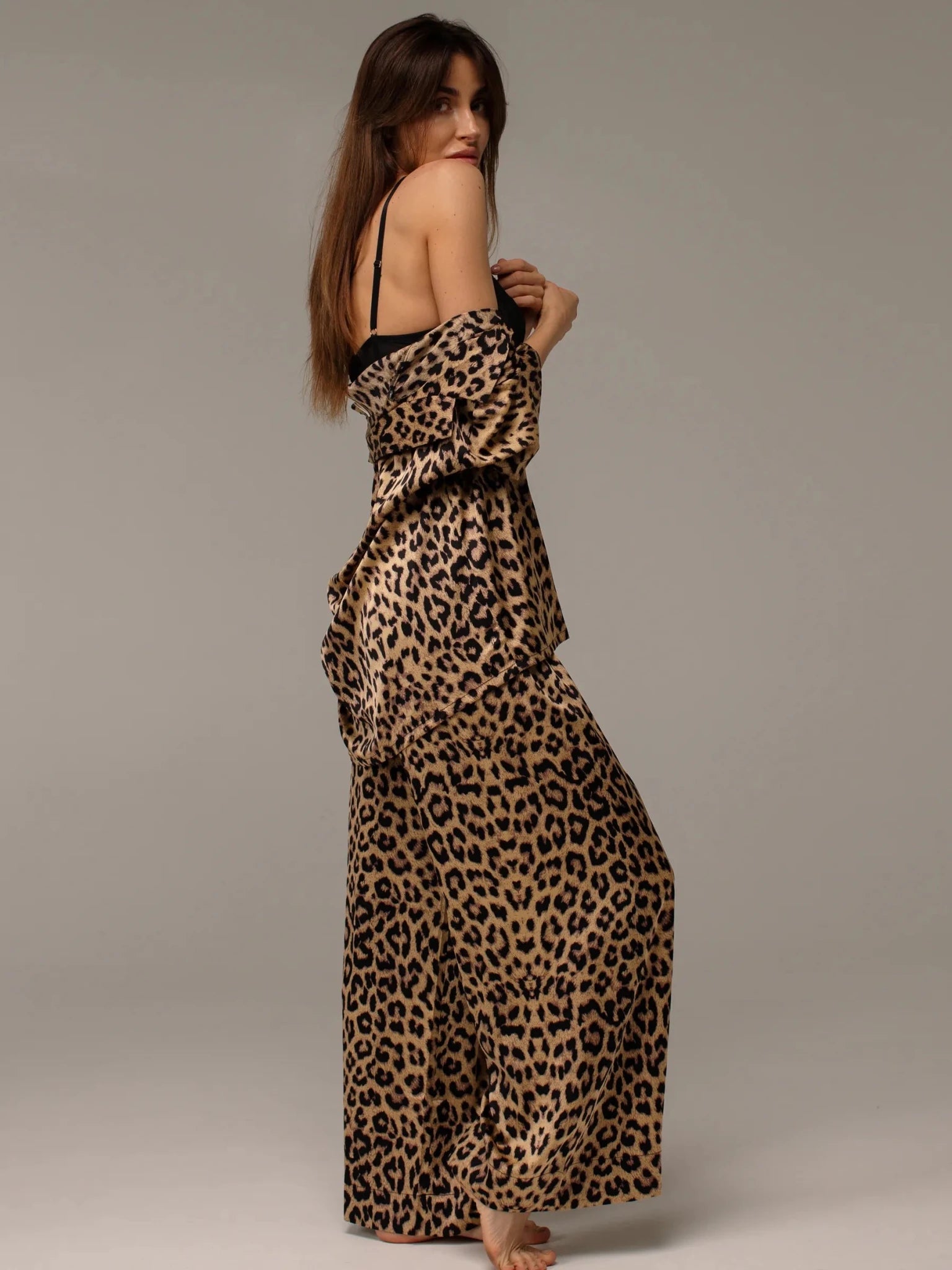 Leopard Print Satin Co-ord Set | Sexy Lace-Up Collar Shirt & Wide Leg Pants | Animal Print Loungewear for Women - Bella Babe by SK