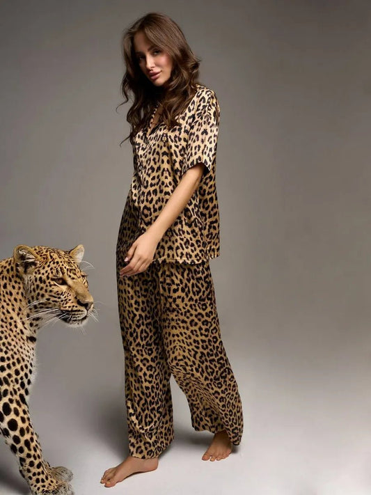 Leopard Print Satin Co-ord Set | Sexy Lace-Up Collar Shirt & Wide Leg Pants | Animal Print Loungewear for Women - Bella Babe by SK