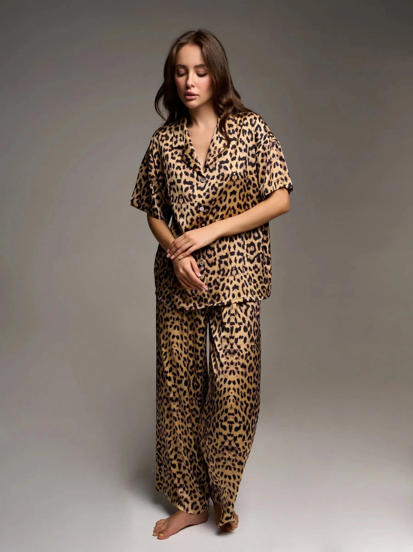Leopard Print Satin Co-ord Set | Sexy Lace-Up Collar Shirt & Wide Leg Pants | Animal Print Loungewear for Women - Bella Babe by SK