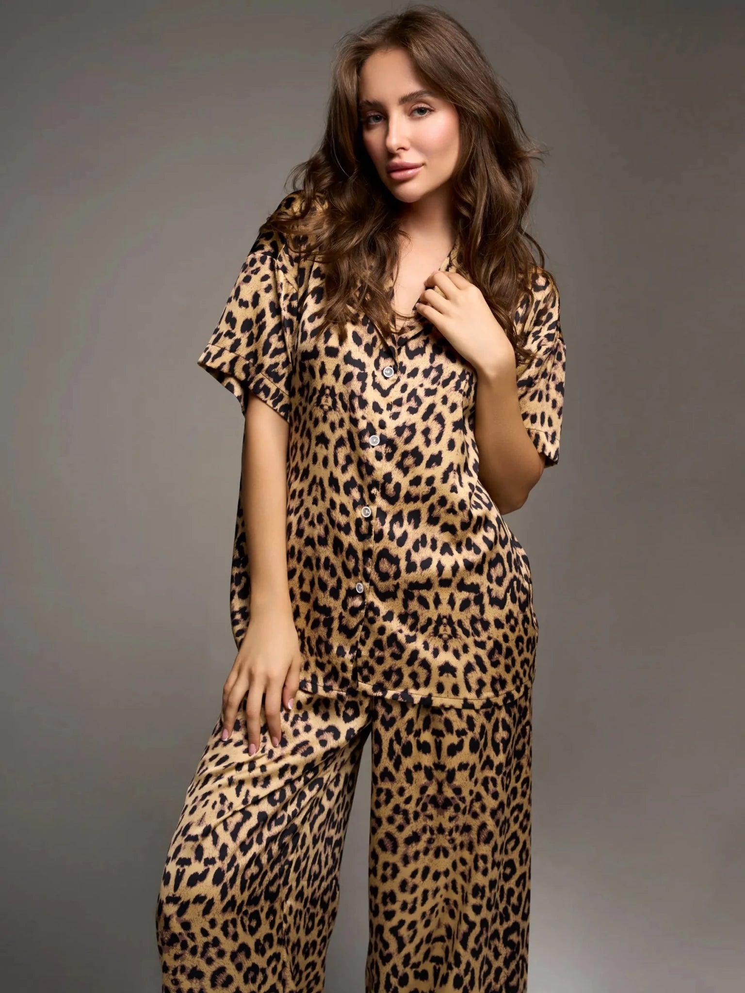 Leopard Print Satin Co-ord Set | Sexy Lace-Up Collar Shirt & Wide Leg Pants | Animal Print Loungewear for Women - Bella Babe by SK