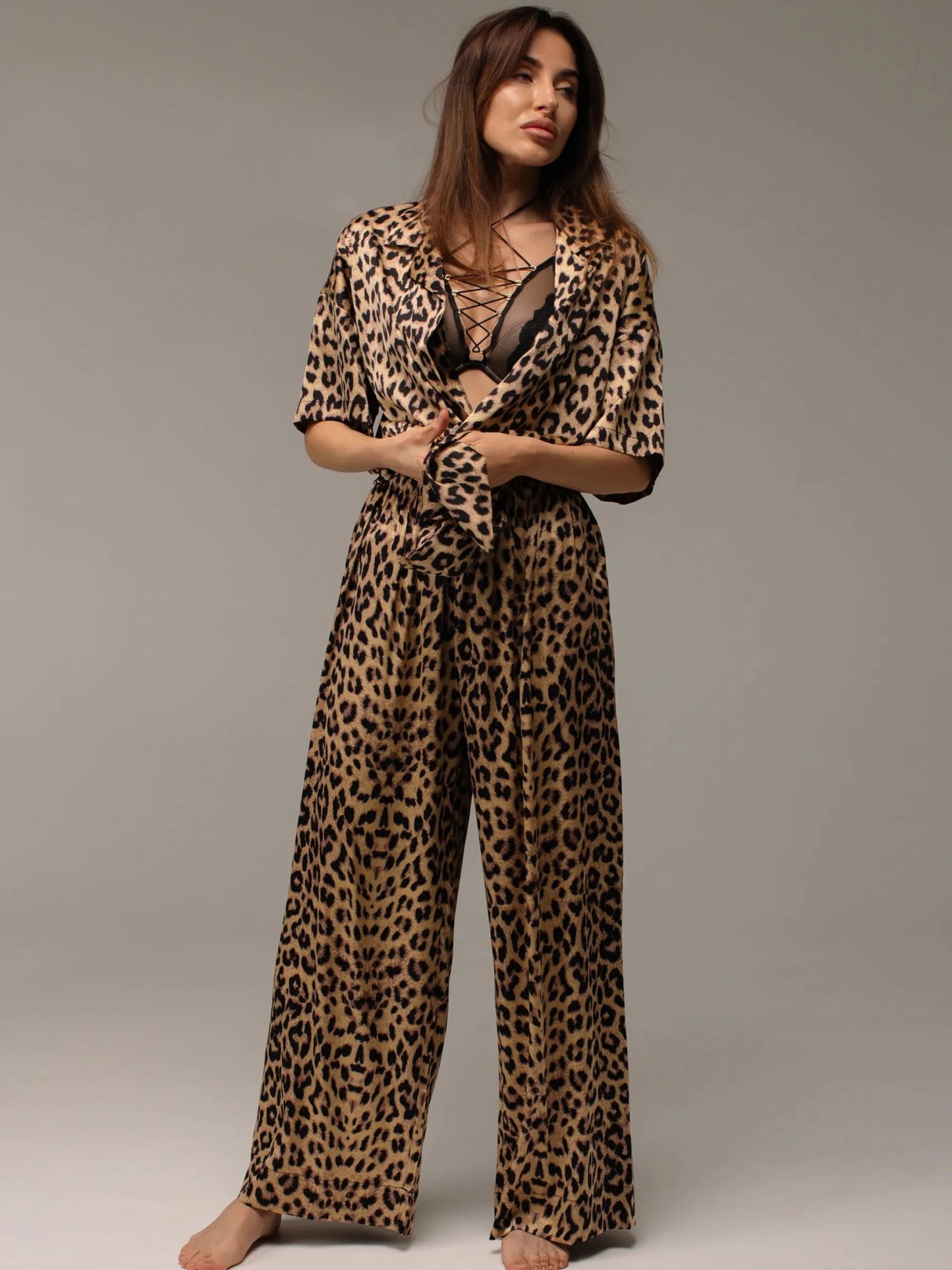 Leopard Print Satin Co-ord Set | Sexy Lace-Up Collar Shirt & Wide Leg Pants | Animal Print Loungewear for Women - Bella Babe by SK