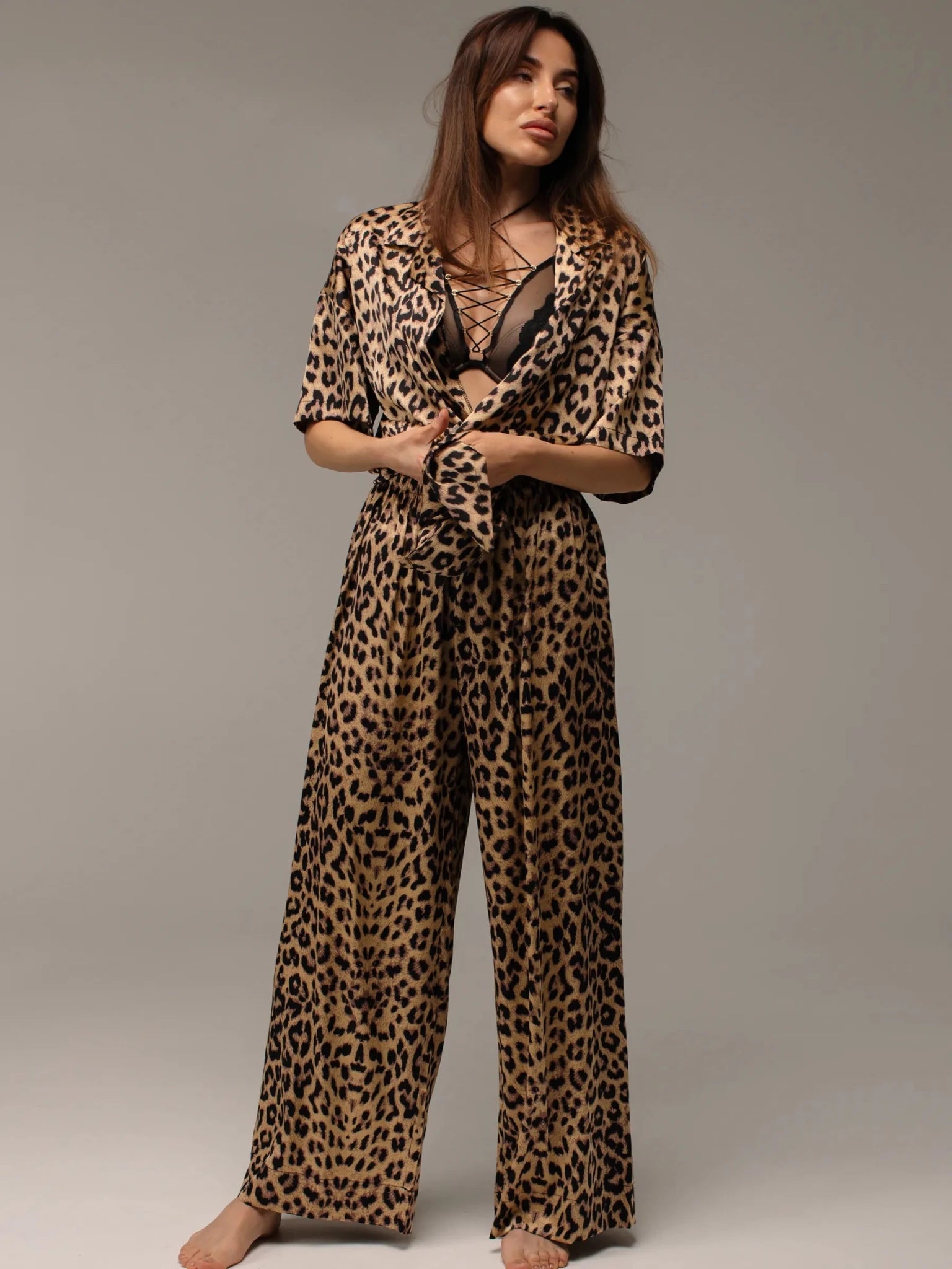 Leopard Print Satin Co-ord Set | Sexy Lace-Up Collar Shirt & Wide Leg Pants | Animal Print Loungewear for Women - Bella Babe by SK