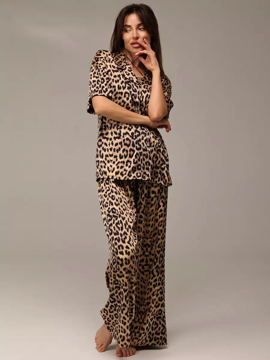 Leopard Print Satin Co-ord Set | Sexy Lace-Up Collar Shirt & Wide Leg Pants | Animal Print Loungewear for Women - Bella Babe by SK