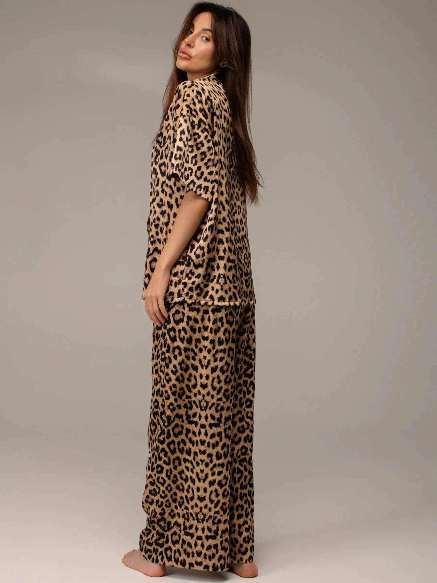 Leopard Print Satin Co-ord Set | Sexy Lace-Up Collar Shirt & Wide Leg Pants | Animal Print Loungewear for Women - Bella Babe by SK