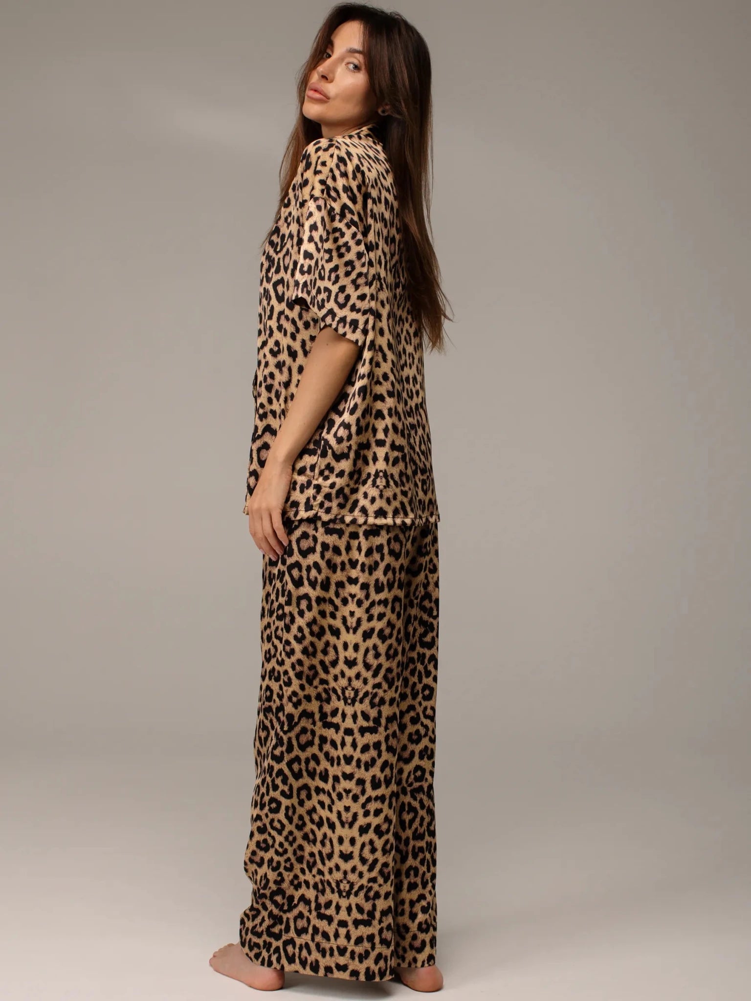 Leopard Print Satin Co-ord Set | Sexy Lace-Up Collar Shirt & Wide Leg Pants | Animal Print Loungewear for Women - Bella Babe by SK
