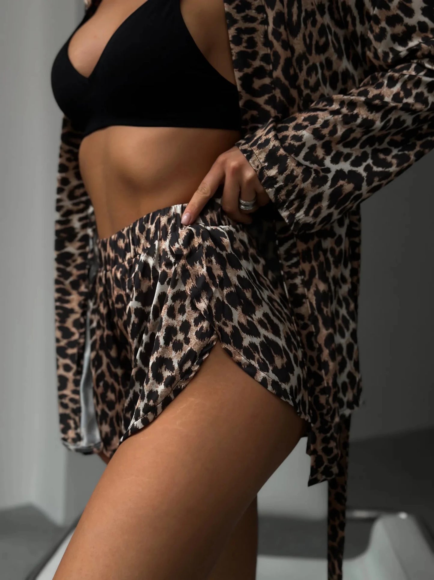 Leopard Print Satin Robe & Shorts Set | Sexy Belted Kimono Robe with Booty Shorts | Animal Print Lingerie Loungewear for Women - Bella Babe by SK
