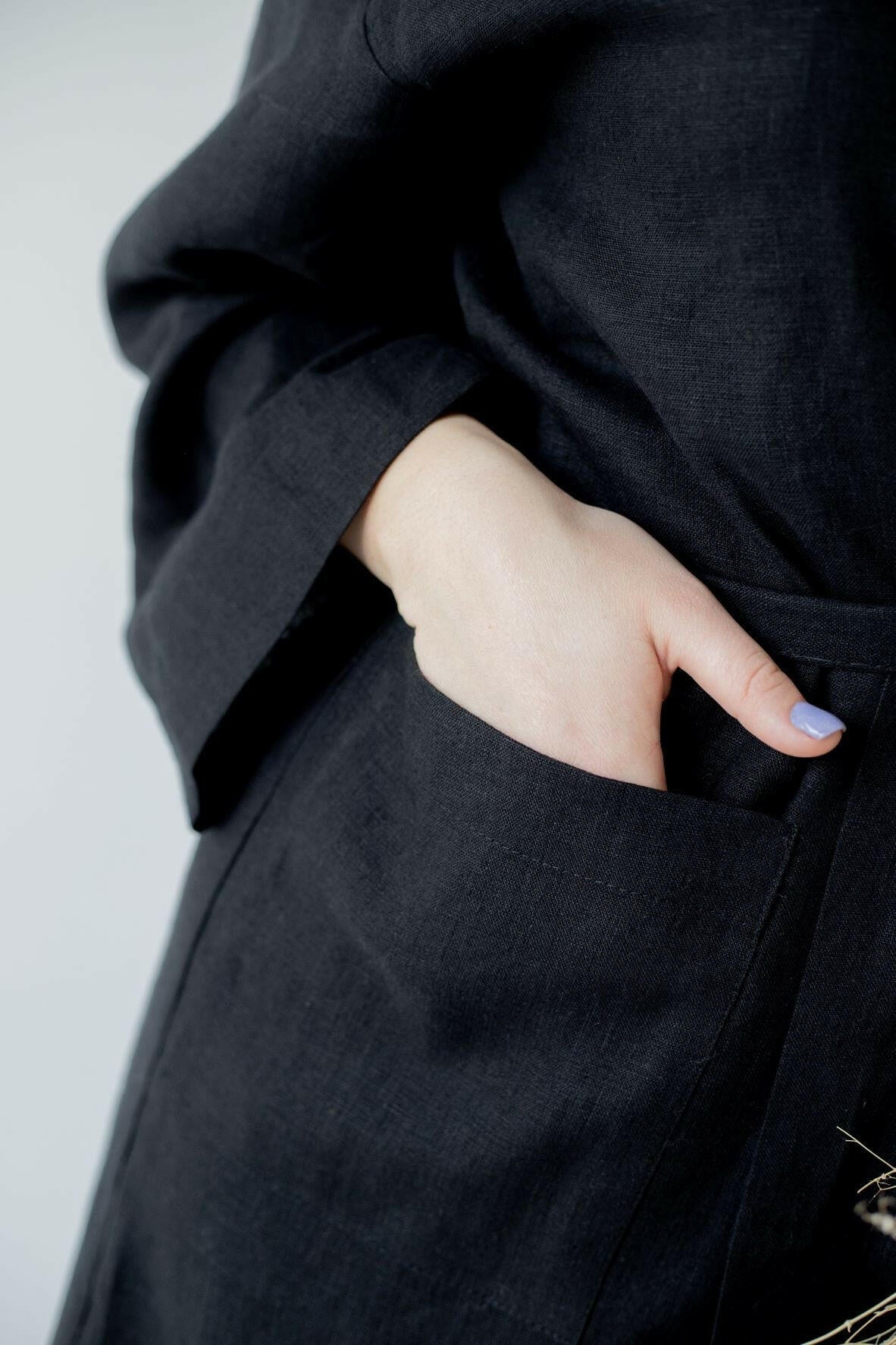 Linen Short Robe in Black - Bella Babe by SK