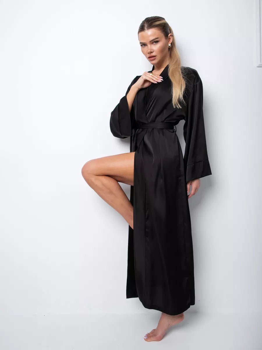 Long Satin Robe in Black - Bella Babe by SK
