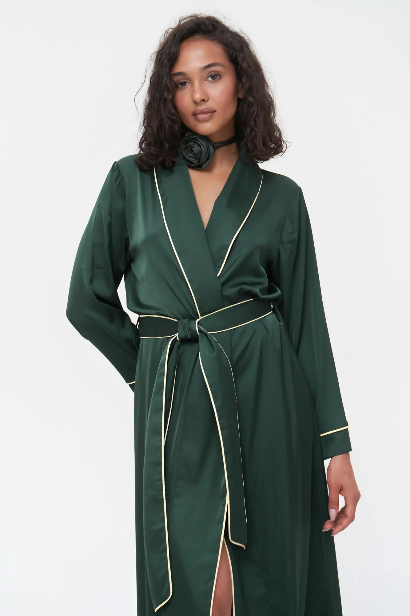 Long Satin Robe with Contrast Piping - Bella Babe by SK