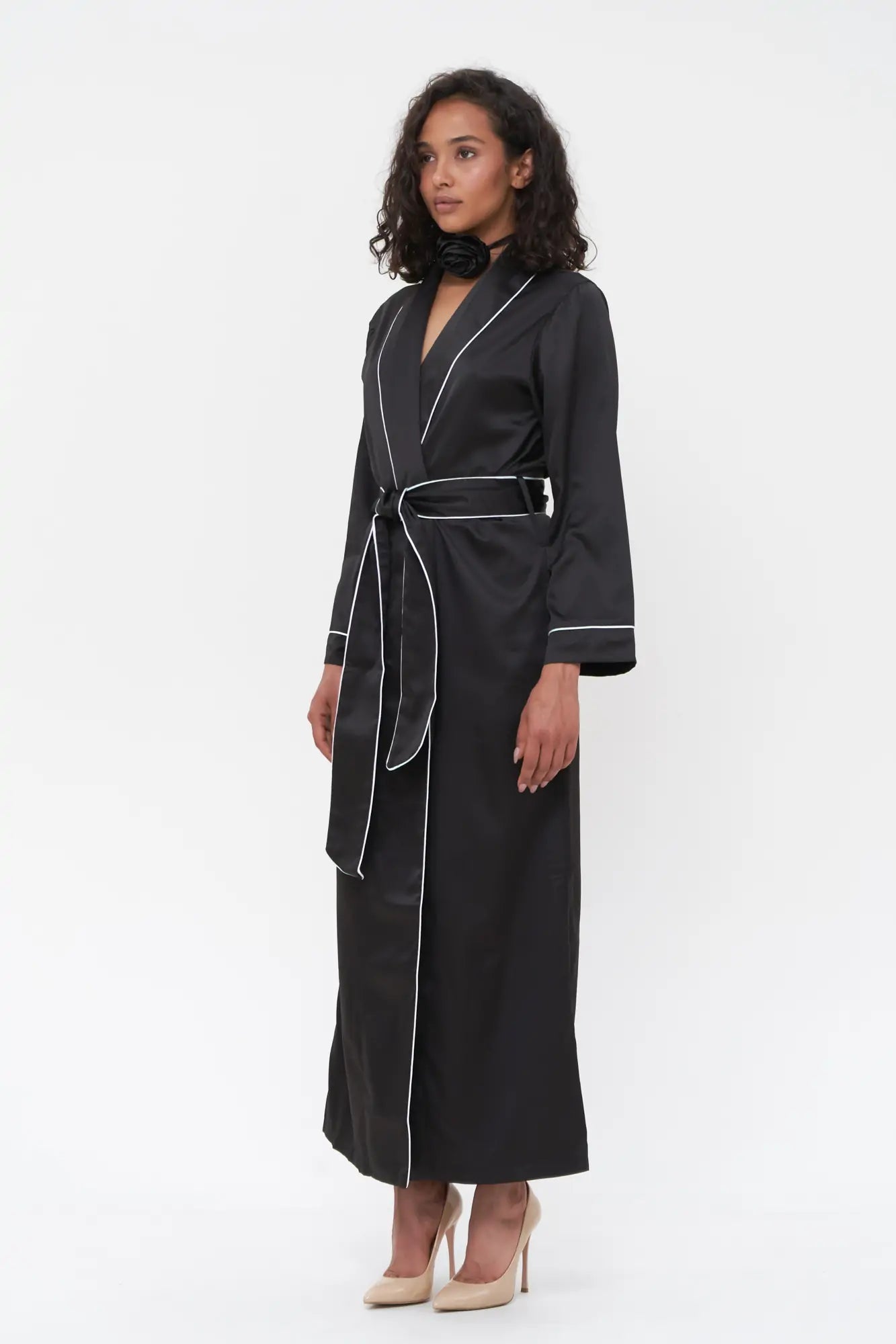 Long Satin Robe with Contrast Piping - Bella Babe by SK