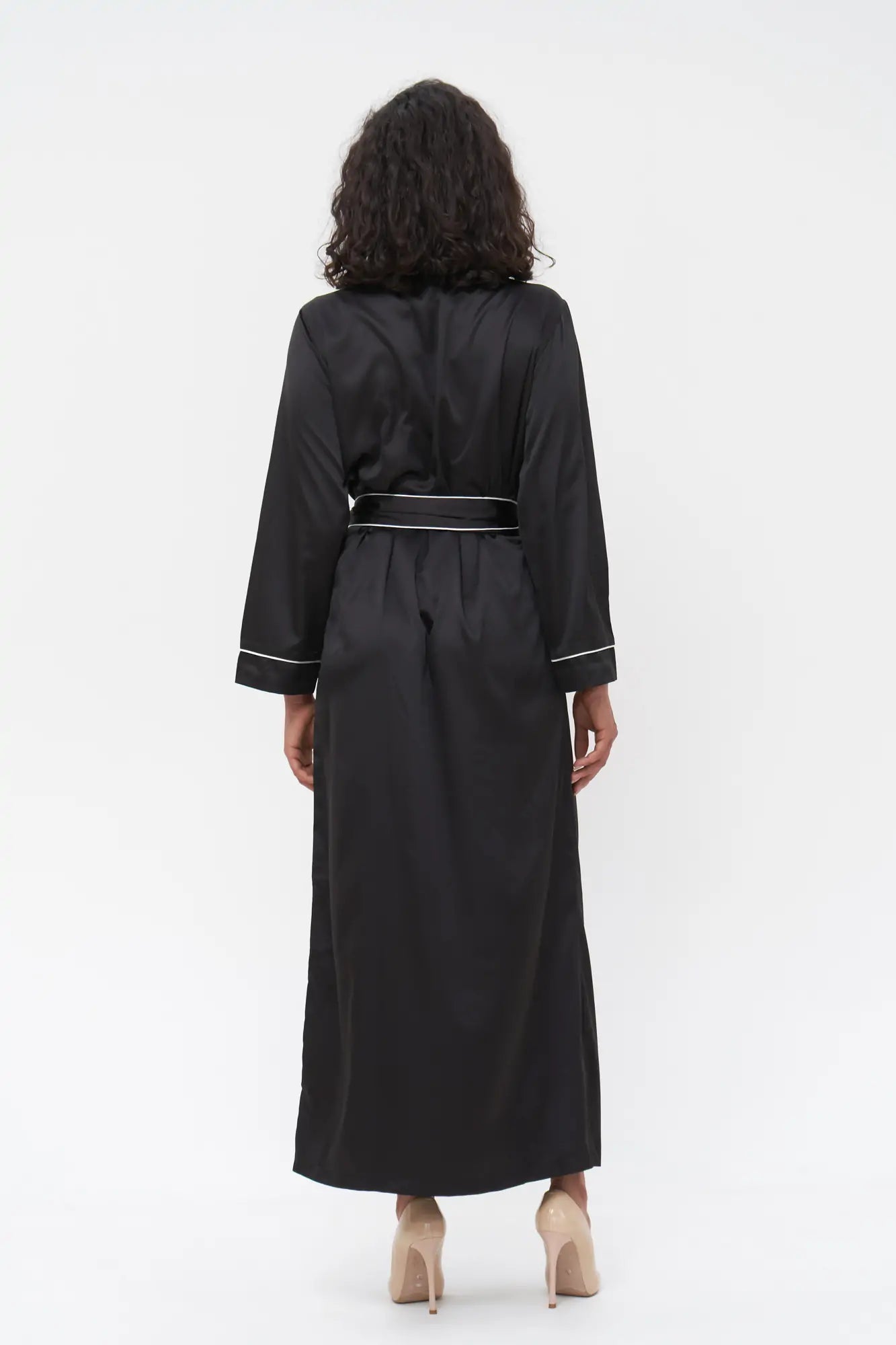 Long Satin Robe with Contrast Piping - Bella Babe by SK
