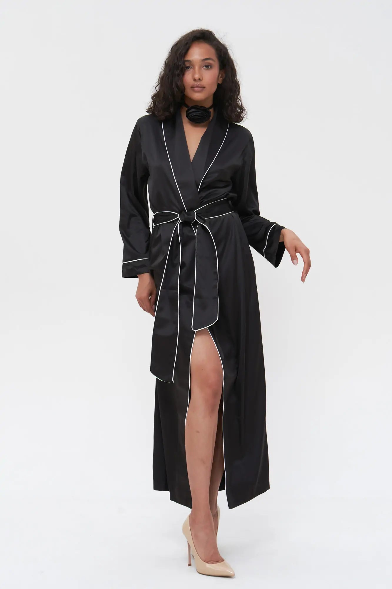 Long Satin Robe with Contrast Piping - Bella Babe by SK